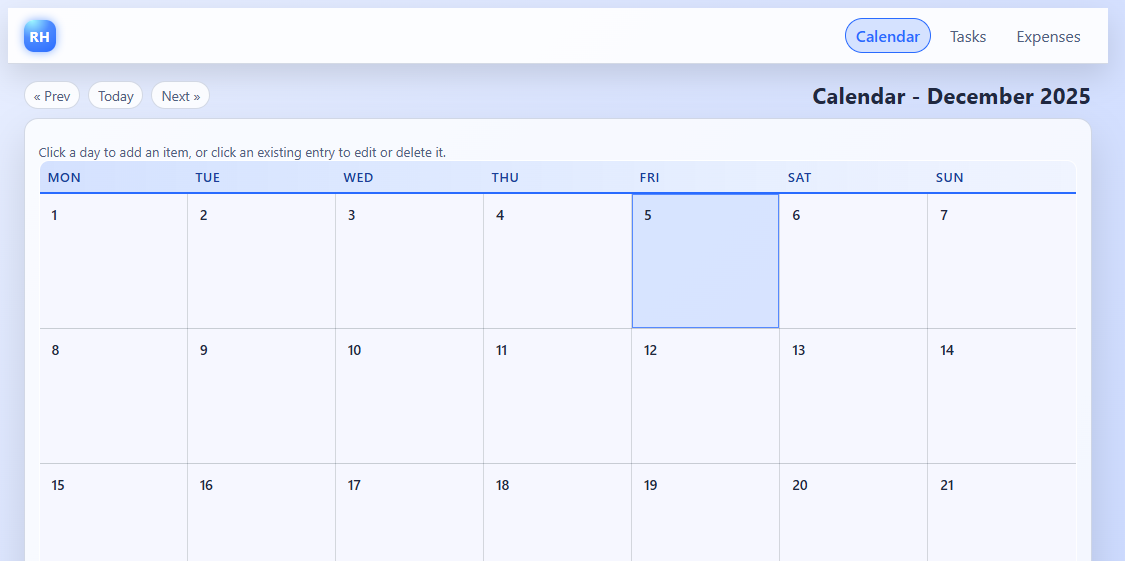 Smart Calendar app – month view with tasks and expenses