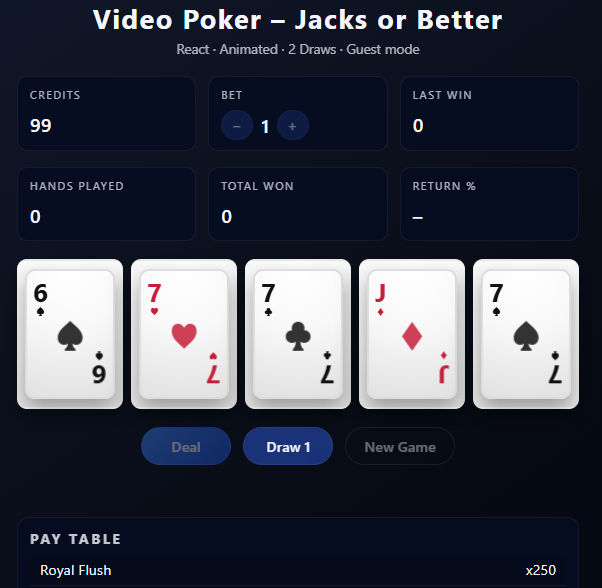 Video Poker – Jacks or Better game screen with cards and pay table
